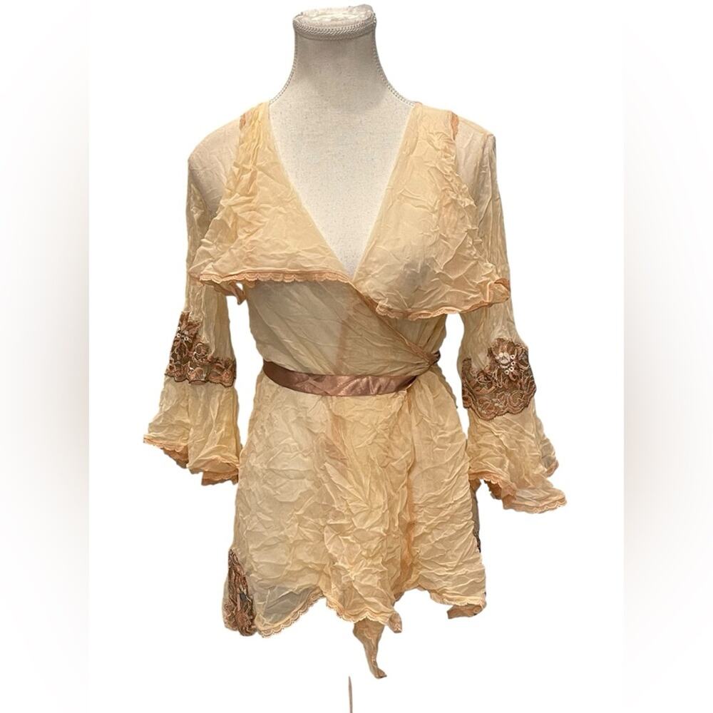 francis smily Elegant Cream and Brown Sheer Silk Blouse Size:M